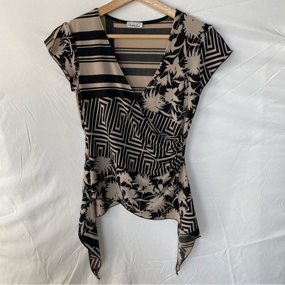 Vintage Charlotte Russe Printed Splice Top Waterfall Hem Early 2000s Y2K